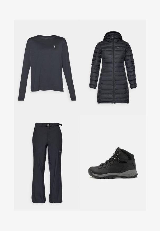 Schwarze isolierte Daunenjacke mit Kapuze, langen Ärmeln und einem Frontreißverschluss. Mit gesteppten Abschnitten und einem Logo auf der Brust.; Dunkles Langarm-T-Shirt aus strukturiertem Stoff, mit Rundhalsausschnitt und einem kleinen weißen Logo auf der linken Brustseite.; Schwarze Outdoor-Hosen aus leichtem Material, mit verstellbarem Bund und einem Gürtel sowie zwei Vorderaschen. Entwickelt für Komfort und Funktionalität.; Schwarzer Wanderstiefel mit einem mittelhohen Design, ausgestattet mit einer strukturierten Oberfläche, grauen Akzenten und einer robusten Gummisohle mit Profilstollen.