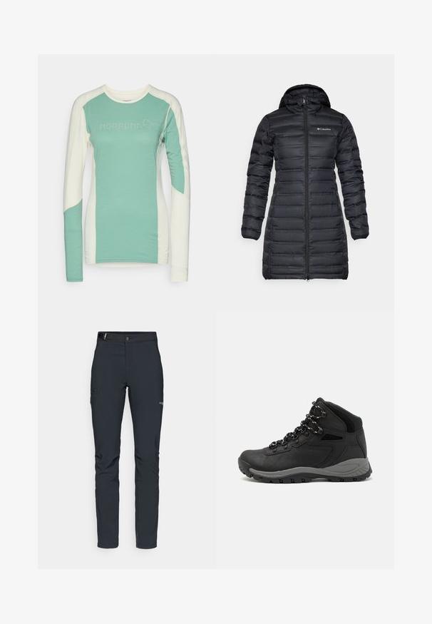 Mustat eristetyt puhvitakit, joissa on huppu, pitkät hihat ja etuvetoketju. Ominaisuuksina tikkaukset ja logo rinnassa.; Pitkähihainen paita mintunvihreänä ja kermaisenvärisenä, jossa on pyöreä pääntie, kontrastiset sivupaneelit ja "NORRØNA"-logo vaaleanharmaana.; Miestne vonkajšie nohavice, tmavo šedé, vyrobené z flexibilného materiálu, s opaskom, zipsovými vreckami a zosilneným šitím.; Musta vaelluskenkä, jossa on puolivartinen muotoilu, jolle on ominaista teksturoitu päällinen, harmaat yksityiskohdat ja kestävä kumipohja, jossa on pitoita lisääviä lukuja.