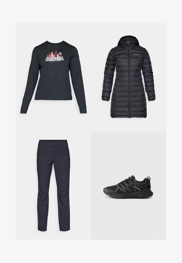 Fekete szigetelt pehelykabát kapucnival, hosszú ujjakkal és elülső cipzárral. Tűzött részekkel és mellkasi logóval rendelkezik.; Hosszú ujjú, sötétszürke ing piros fákkal és hegyekkel díszítve; a "COLUMBIA" logó vastag fehér betűkkel. Puha anyag, klasszikus kerek nyakkivágás.; Sötétkék nadrág sima anyagból, elülső gombos záródással, slim-fit fazonnal és gyűrött részletekkel a térdeken.; Columbia PEAKFREAK - Túracipők - black