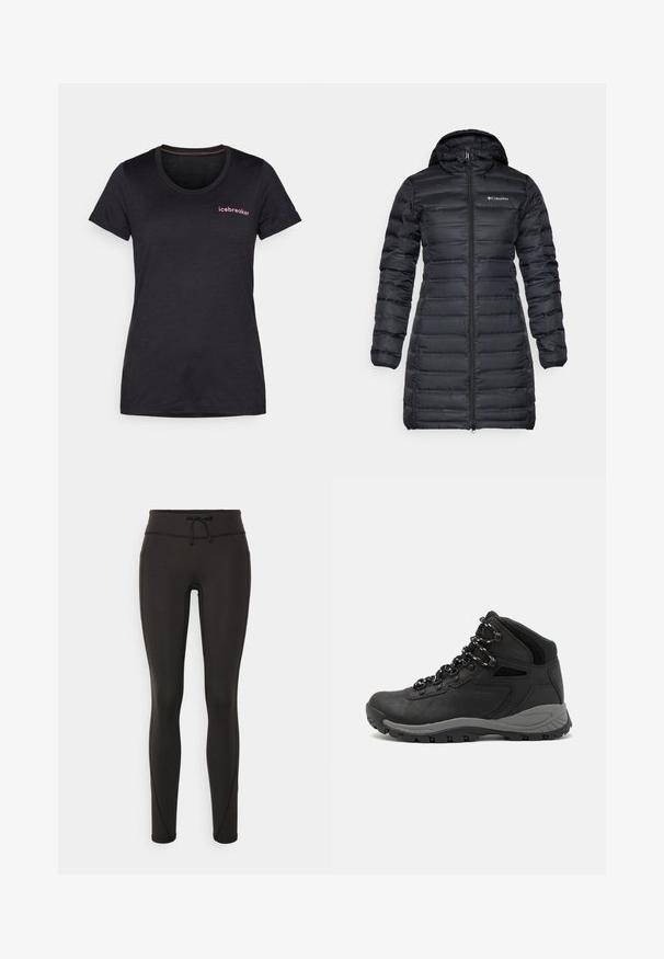 Black insulated puffer coat with a hood, long sleeves, and a front zip closure. Features quilted sections and a logo on the chest.; Black t-shirt with short sleeves, round neckline, and a smooth texture. Features a small pink "icebreaker" logo on the front.; Black leggings with a high waistband, drawstring, smooth texture, and fitted design. Features stitching details along the sides.; Black hiking boot with a mid-top design, featuring a textured upper, gray accents, and durable rubber sole with traction lugs.