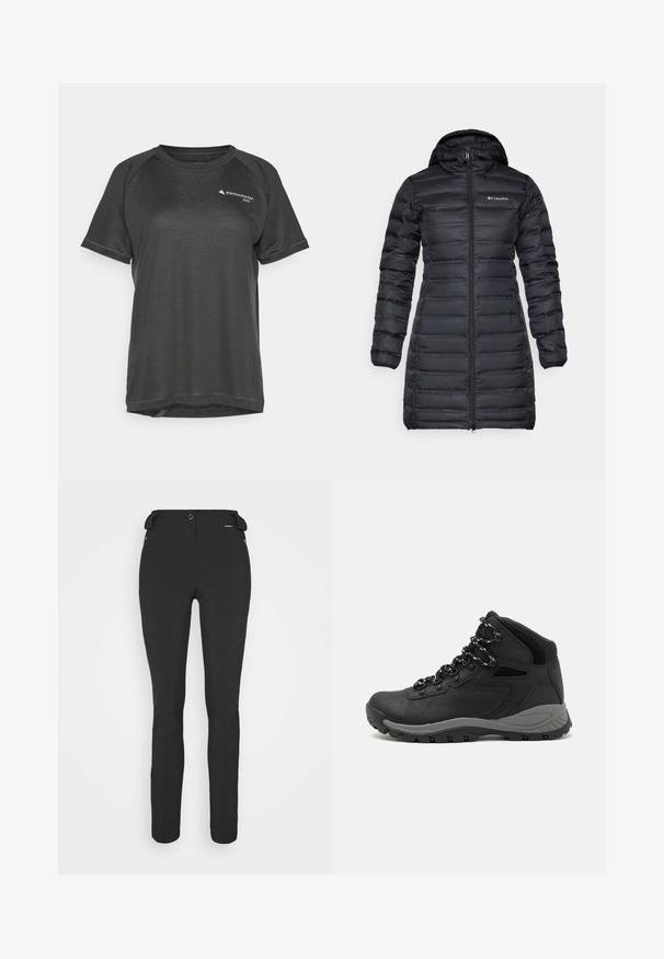 Mustat eristetyt puhvitakit, joissa on huppu, pitkät hihat ja etuvetoketju. Ominaisuuksina tikkaukset ja logo rinnassa.; Lyhythihainen urheilupaita tummanharmaana, jossa on teksturoitu kangas, raglan-hihat ja pieni logo vasemmalla etupuolella.; Mustat, slim fit -housut, jotka on valmistettu joustavasta materiaalista. Ominaisuuksiin kuuluu vetoketjullinen sivutasku, muotoillut polvet ja sileä pinta.; Musta vaelluskenkä, jossa on puolivartinen muotoilu, jolle on ominaista teksturoitu päällinen, harmaat yksityiskohdat ja kestävä kumipohja, jossa on pitoita lisääviä lukuja.