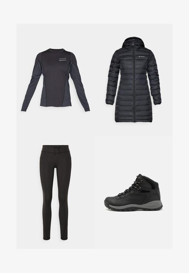 Fekete szigetelt pehelykabát kapucnival, hosszú ujjakkal és elülső cipzárral. Tűzött részekkel és mellkasi logóval rendelkezik.; Norrøna SENJA EQUALISER LIGHTWEIGHT LONG SLEEVE - Hosszú ujjú felső - caviar; Fekete leggings magas derékkal, zsinórral, sima textúrával és testhezálló kialakítással. Oldalt varrási részletekkel rendelkezik.; Fekete túracipő közepes magasságú kialakítással, texturált felsőrésszel, szürke részletekkel és strapabíró gumitalppal, amelynek tapadós kiemelkedései vannak.