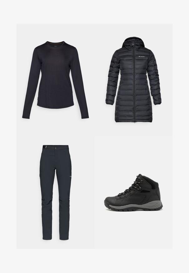 Čierna zateplená puffer bunda s kapucňou, dlhými rukávmi a predným zipsom. Obsahuje prešívané sekcie a logo na hrudi.; Dlhý rukáv, košeľa v námořníckej modrej farbe, vyrobená z mäkkého materiálu s okrúhlym výstrihom, jemnou textúrou a zaobleným spodným lemom. Obsahuje malú nálepku s logom.; Pánske outdoorové nohavice, tmavo šedé, vyrobené z flexibilného materiálu, s opaskom, so zipsovými vreckami a vystuženým šitím.; Čierna turistická obuv s polovičným strihom, s textúrovaným zvrškom, šedými akcentmi a odolnou gumovou podrážkou s protišmykovými hrebienkami.