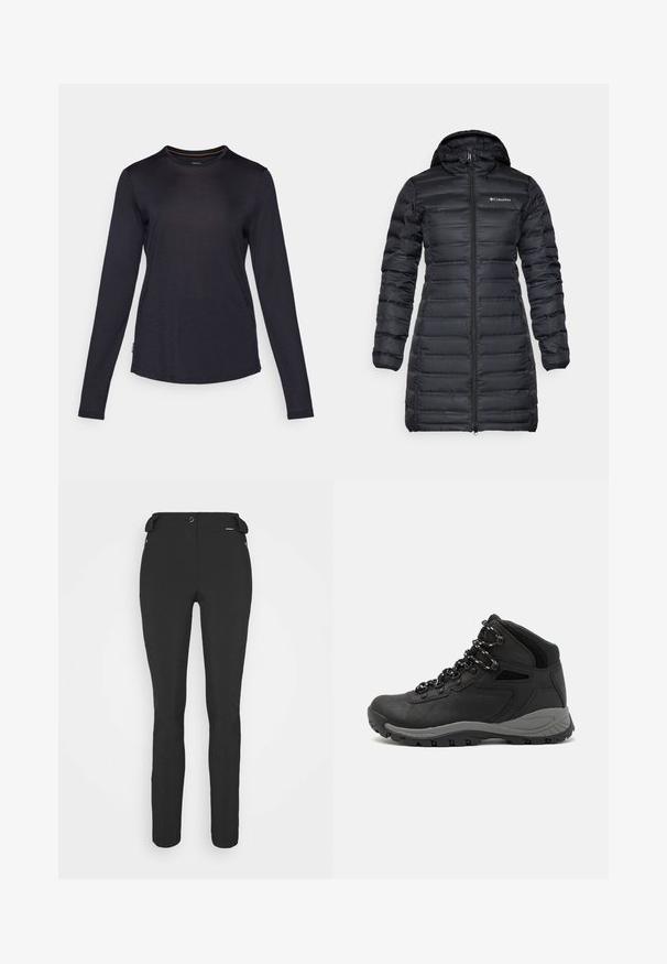 Schwarze isolierte Daunenjacke mit Kapuze, langen Ärmeln und einem Frontreißverschluss. Mit gesteppten Abschnitten und einem Logo auf der Brust.; Langärmliges Hemd in Marineblau, aus weichem Material mit Rundhalsausschnitt, subtiler Textur und abgerundetem Saum. Verfügt über ein kleines Logoetikett.; Schwarze, enganliegende Hosen aus einem flexiblen Material. Zu den Merkmalen gehören eine seitliche Reißverschlusstasche, vorgeformte Knie und eine glatte Textur.; Schwarzer Wanderstiefel mit einem mittelhohen Design, ausgestattet mit einer strukturierten Oberfläche, grauen Akzenten und einer robusten Gummisohle mit Profilstollen.