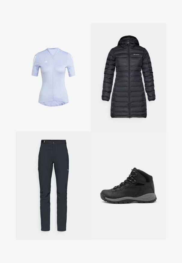Mustat eristetyt puhvitakit, joissa on huppu, pitkät hihat ja etuvetoketju. Ominaisuuksina tikkaukset ja logo rinnassa.; Vaaleansininen urheilu-paita, jossa on lyhyet hihat, vetoketjullinen etuosa ja valkoiset olkaviivat. Valmistettu sileästä, joustavasta kankaasta aktiiviseen käyttöön.; Miestne vonkajšie nohavice, tmavo šedé, vyrobené z flexibilného materiálu, s opaskom, zipsovými vreckami a zosilneným šitím.; Musta vaelluskenkä, jossa on puolivartinen muotoilu, jolle on ominaista teksturoitu päällinen, harmaat yksityiskohdat ja kestävä kumipohja, jossa on pitoita lisääviä lukuja.
