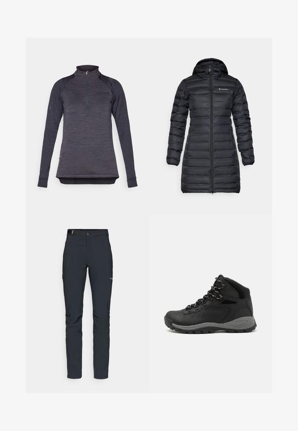 Juodas izoliacinis pūkinis paltas su kapišonu, ilgomis rankovėmis ir priekiniais užtrauktukais. Yra siuvinėti skyriai ir logotipas ant krūtinės.; Ilgų rankovių puloveris tamsiai pilkos tekstūros audinyje su ketvirtine užtrauktuko apykakle ir prigludusiomis rankovėmis. Yra subtilus prekės ženklo logotipas ant krūtinės.; Vyrų lauko kelnės, tamsiai pilkos, pagamintos iš elastingos medžiagos, su diržu, užtrauktukais užtraukiamomis kišenėmis ir sustiprinta siūle.; Juodas žygio botas su vidutinio aukščio dizainu, pasižymintis tekstūruota viršutine dalimi, pilkų akcentų ir patvaria guma padanga su sukibimo gumbais.