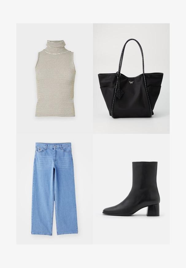 By Malene Birger RAFAIA brązowy; Beżowy sweter dziany z głębokim dekoltem w serek, długimi rękawami i dopasowaną talią, z dwoma dużymi okrągłymi guzikami z przodu.; Bez rękawów top w golf z pionowymi czarno-białymi paskami, wykonany z teksturowanej dzianiny, z wysokim, dopasowanym kołnierzem.; Jasnoniebieskie dżinsy o szerokich nogawkach, wykonane z denimu, z klasycznym pięciopocketowym wzorem i zapięciem na guzik. Gładka tekstura, postrzępiony dół.; Czarne skórzane botki za kostkę z ostrym noskiem i masywnym kwadratowym obcasem. Gładka faktura z bezszwowym designem i minimalnym przeszyciem.; Czarna torba na ramię z długimi wzorzystymi uchwytami, bocznymi kieszeniami i małym metalowym logo na środku przodu.