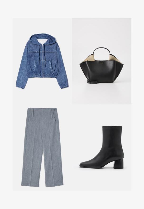 By Malene Birger RAFAIA - Wintermantel - brown; Kurze Denim-Jacke, blau, mit Kapuze, Frontreißverschluss und Kordelzügen. Verfügt über zwei Seitentaschen und elastische Bündchen an den Ärmeln.; Schwarzes Langarmoberteil aus weichem Stoff, mit rundem Ausschnitt und lässiger Passform, seitlichen Schlitzen am Saum für mehr Bewegungsfreiheit.; Hellgraue, weit geschnittene Hosen aus strukturiertem Stoff, mit zwei vorderen Falten und zwei Seitentaschen. Sauberes, maßgeschneidertes Design.; Schwarze Leder-Ankle-Boots mit spitzer Zehenpartie und einem klobigen, quadratischen Absatz. Glatte Textur mit nahtlosem Design und minimalistischem Nähen.; Ree Projects ANN TOTE MINI - Handtasche - black