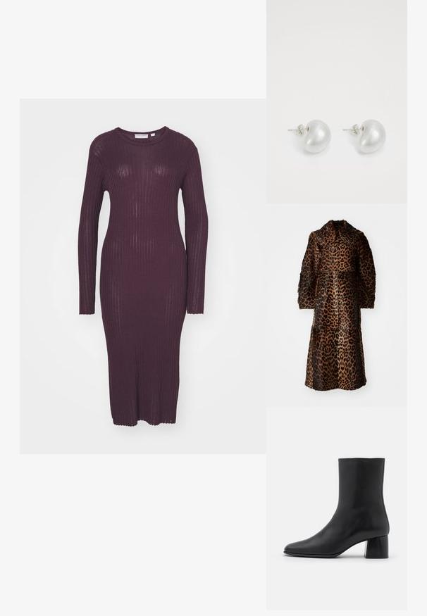 By Malene Birger RAFAIA - Zimní kabát - brown; Dlouhé rukávy ribovaný šaty v tmavě fialové barvě. Obsahují přiléhavý siluetu a kulatý výstřih s vlnitým okrajem na rukávech.; Černé kožené kotníkové boty s špičatou špičkou a robustním čtvercovým podpatek. Hladká textura s bezšvovým designem a minimalistickým prošíváním.; Stříbrné perlové naušnice v zakřiveném tvaru fazole. Hladký, lesklý povrch a zajištěné pomocí kolíčku a zajišťovacího uzávěru.