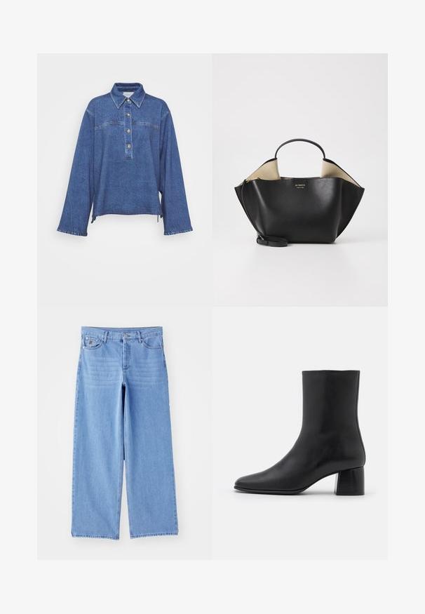 By Malene Birger RAFAIA - Winter coat - brown; Denim shirt in dark blue with long sleeves, collared neck, five-button placket, and subtle faded texture. Features split side hem.; Black long-sleeve top made of soft fabric, featuring a round neckline and a relaxed fit with side slits at the hem for ease of movement.; Light blue wide-leg jeans made of denim, featuring a classic five-pocket design and a button-fly closure. Smooth texture, frayed hem.; Black leather ankle boot with a pointed toe and a chunky square heel. Smooth texture with a seamless design and minimalistic stitching.; Ree Projects ANN TOTE MINI - Handbag - black