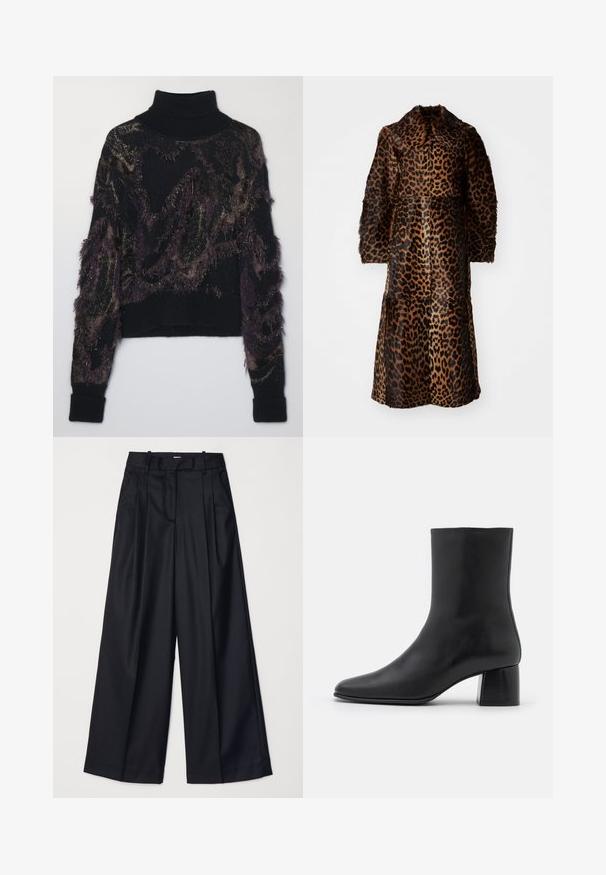 By Malene Birger RAFAIA - Talvitakki - brown; Musta poolkätik, millel on tekstuurne muster tumedal lillal ja kuldsel taustal, frantsi aktsentide ning soonikkoes varrukate ja äärennaga.; Musta leveälahkeinen housut, jotka on valmistettu sileästä kankaasta. Niissä on korkea vyötärö, laskoksia ja räätälöity muotoilu. Yksinkertaiset mustat metalliosat vyötäröllä.; Mustat nahkasaappaat nilkkakorkeudella, joissa on terävä kärki ja tukeva neliön muotoinen korko. Sileä pinta, saumaton muotoilu ja minimalistinen ommel.