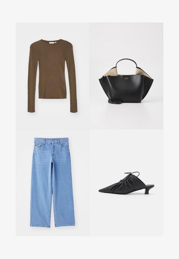 By Malene Birger RAFAIA - Winter coat - brown; Tiger of Sweden OVIE - Jumper - october sage; Light blue wide-leg jeans made of denim, featuring a classic five-pocket design and a button-fly closure. Smooth texture, frayed hem.; Black leather slip-on mules with a pointed toe, gathered texture, and a small kitten heel. Features a drawstring detail at the opening.; Ree Projects ANN TOTE MINI - Handbag - black