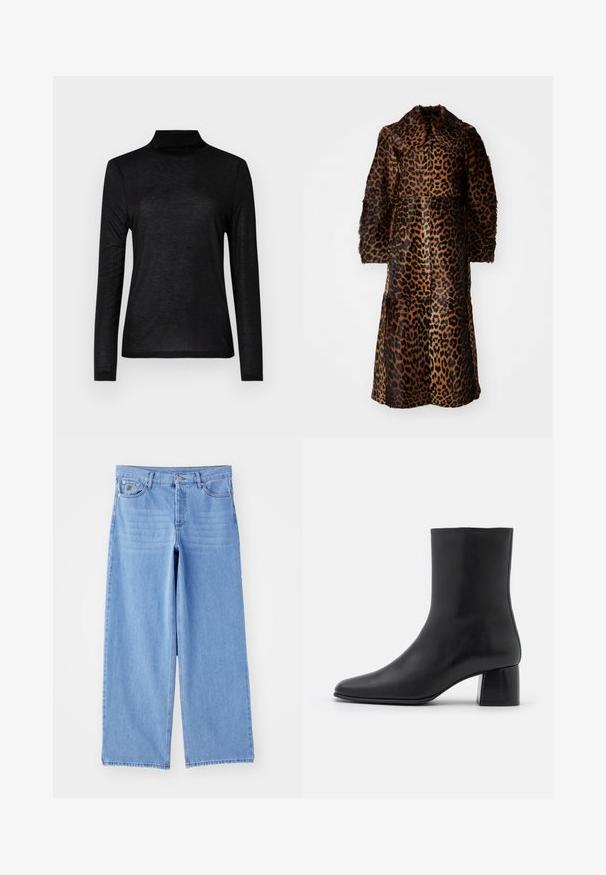 By Malene Birger RAFAIA - Wintermantel - brown; Zwarte lange mouwen turtleneck gemaakt van een gladde, lichte stof. Kenmerkt zich door een getailleerd ontwerp met een hoge hals en zonder patronen.; Lichtblauwe wijde jeans van denim, met een klassieke vijf-pocketontwerp en een knoopsluiting. Soepele textuur, rafelige zoom.; Zwarte leren enkelboot met een spitse neus en een chunky vierkante hak. Glad oppervlak met een naadloos ontwerp en minimalistische stiksels.