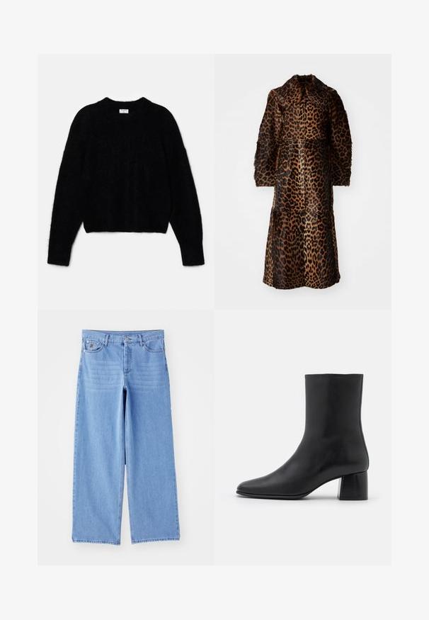 By Malene Birger RAFAIA - Zimný kabát - brown; Čierny krátky sveter vyrobený z nadýchaného materiálu. Má okrúhly výstrih a dlhé rukávy s jemnou textúrou. Minimalistický dizajn, žiadne vzory.; Svetlo modré široké džínsy z denimu, s klasickým päť vreckovým dizajnom a zapínaním na gombíky. Hladká textúra, rozstrapkaný lem.; Čierna kožená členková čižma s špicatou špičkou a masívnym štvorcovým podpätkom. Hladká textura s bezšvovým dizajnom a minimalistickým prešívaním.