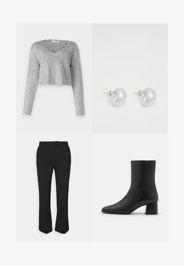 By Malene Birger RAFAIA - Wintermantel - brown; Zilveren, verkorte trui met lange mouwen, gemaakt van een donzige, gestructureerde stof. Heeft een diepe V-halslijn. Glanzende en lichte uitstraling.; Zwarte lange mouw top van zachte stof, met een ronde halslijn en een ontspannen pasvorm met zijsplitten aan de onderkant voor gemak in beweging.; Zwarte op maat gemaakte broeken met een recht gesneden ontwerp, voorzien van riemlussen en zijzakken. Gemaakt van een gladde stof met een nette afwerking.; Zwarte leren enkelboot met een spitse neus en een chunky vierkante hak. Glad oppervlak met een naadloos ontwerp en minimalistische stiksels.; Zilveren pareloorbellen met een gebogen, boonvorm. Glad, glanzend oppervlak en bevestigd met een post en achterkantsluiting.