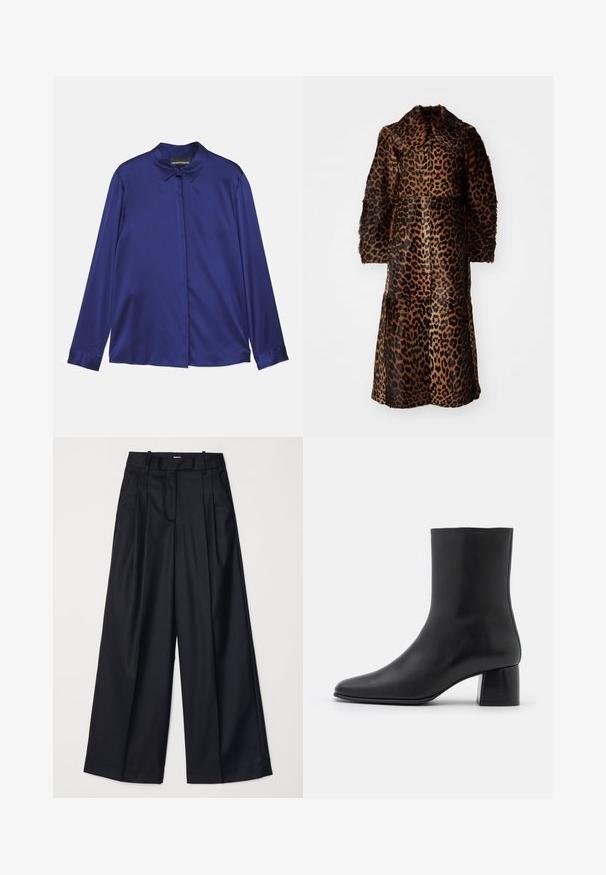 By Malene Birger RAFAIA - Winter coat - brown; Emporio Armani Button-down blouse - indigo; Black wide-leg trousers made of smooth fabric, featuring a high waist, pleats, and a tailored design. Simple black hardware at the waist.; Black leather ankle boot with a pointed toe and a chunky square heel. Smooth texture with a seamless design and minimalistic stitching.