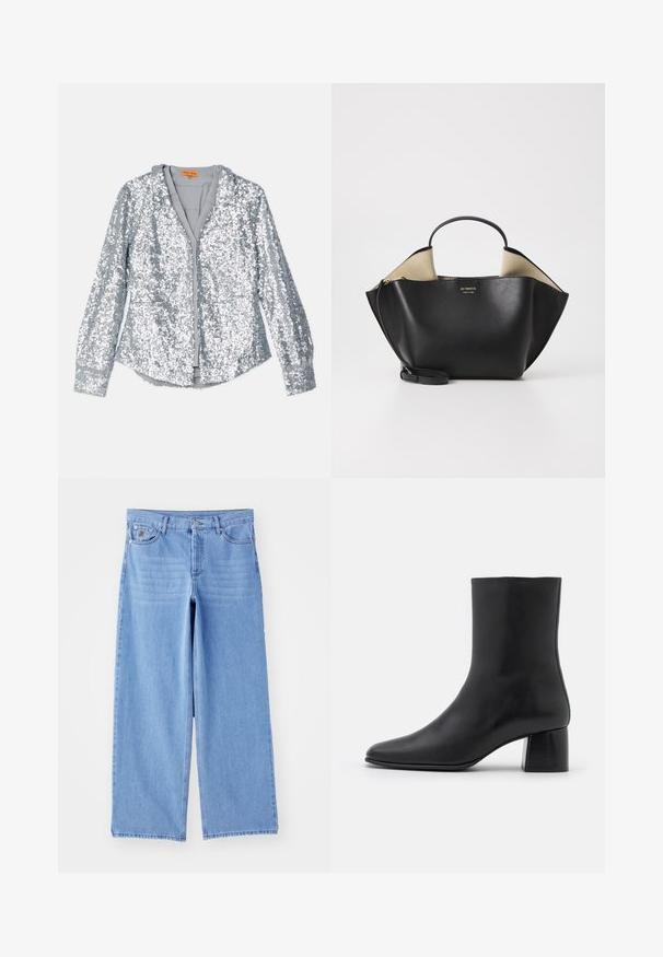 By Malene Birger RAFAIA - Wintermantel - brown; Silberner Paillettenjacke mit langen Ärmeln, durchgeknöpftem Vorderteil und Kragen. Weiche Innenfutter und elastische Bündchen mit glatter Textur.; Hellblaue weit geschnittene Jeans aus Denim, mit einem klassischen Fünf-Taschen-Design und einem Knopfverschluss. Glatte Textur, ausgefranster Saum.; Schwarze Leder-Ankle-Boots mit spitzer Zehenpartie und einem klobigen, quadratischen Absatz. Glatte Textur mit nahtlosem Design und minimalistischem Nähen.; Ree Projects ANN TOTE MINI - Handtasche - black