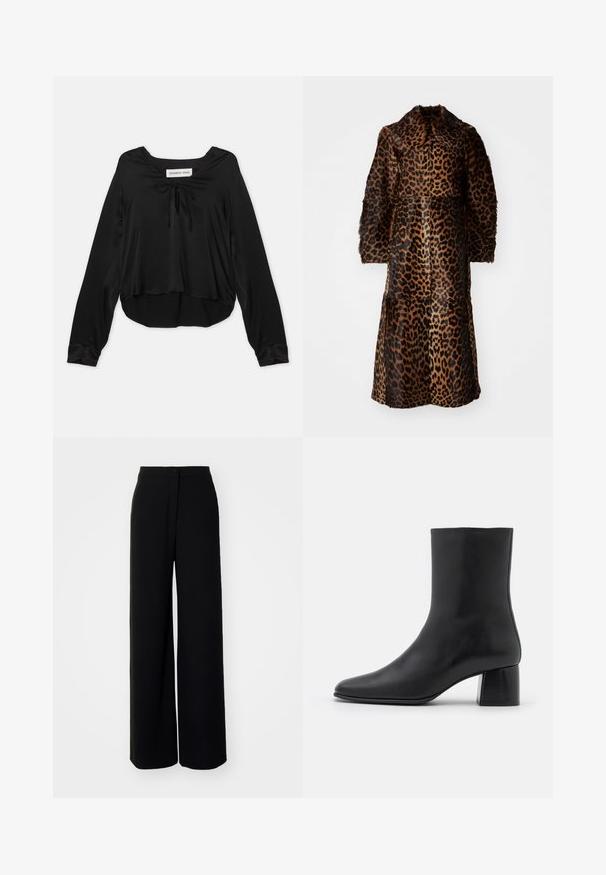 By Malene Birger RAFAIA - Winter coat - brown; Black long-sleeve top made of smooth fabric featuring a scoop neckline with a decorative tie, relaxed fit, and a curved hem.; Black wide-leg trousers with a high waist, smooth fabric, front button closure, and no visible pockets, featuring a tailored fit.; Black leather ankle boot with a pointed toe and a chunky square heel. Smooth texture with a seamless design and minimalistic stitching.