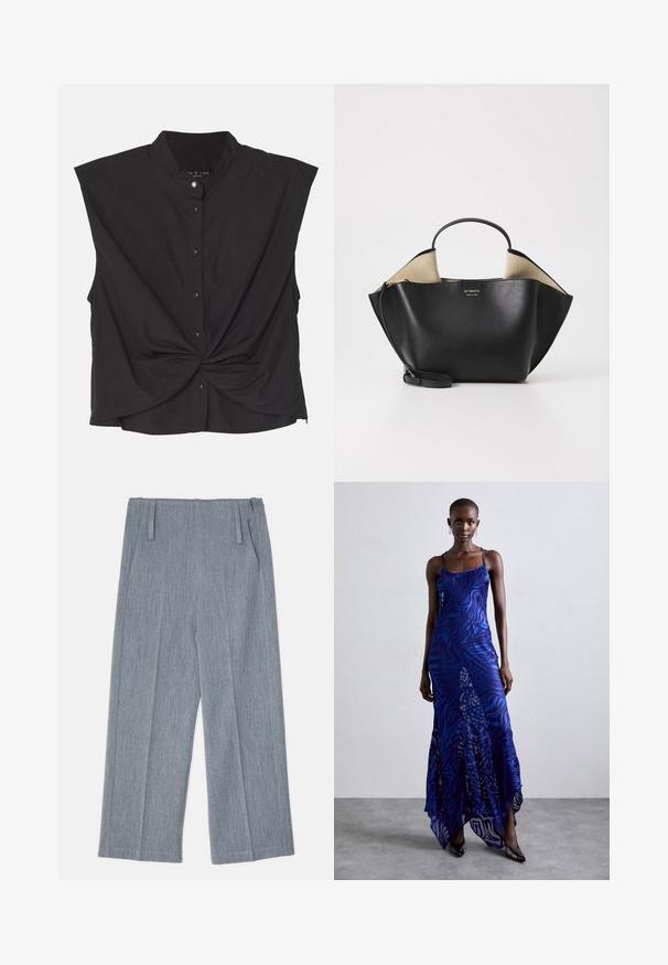 By Malene Birger RAFAIA - Wintermantel - brown; Schwarzes Hemd mit Stehkragen, kurzen Ärmeln, gedrehtem Vorderdesign und einem glatten, leichten Stoff.; Hellgraue, weit geschnittene Hosen aus strukturiertem Stoff, mit zwei vorderen Falten und zwei Seitentaschen. Sauberes, maßgeschneidertes Design.; Maxikleid im blauen und lila Tiermuster mit dünnen Trägern, einem taillierten Oberteil, ausgestelltem Saum und transparenten Überlagerungen.; Ree Projects ANN TOTE MINI - Handtasche - black