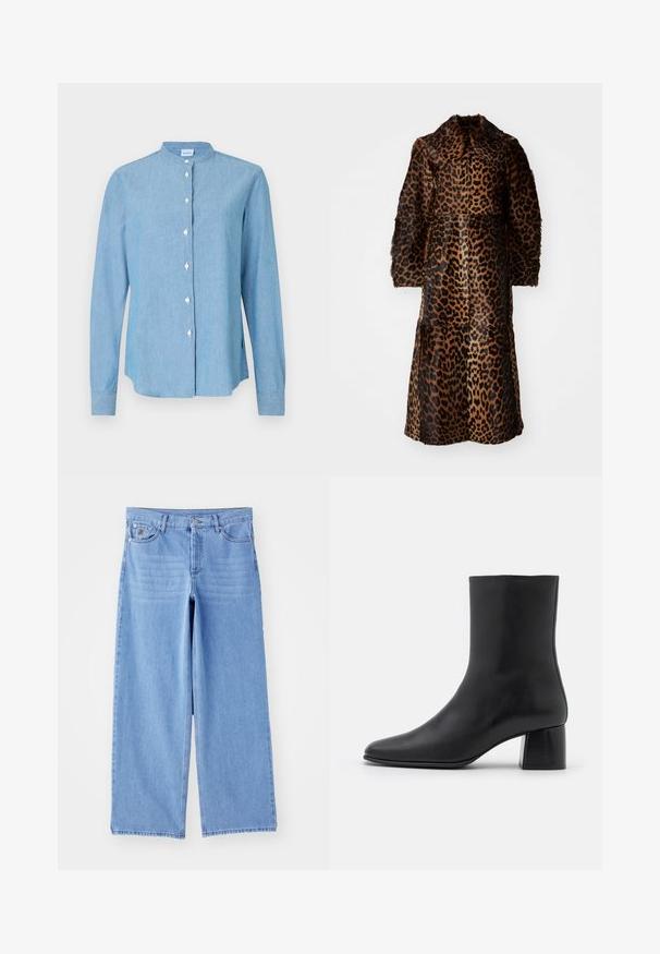 By Malene Birger RAFAIA - Zimski plašč - brown; Svetlo modra srajca z gumbi, izdelana iz denima. Ima okroglo ovratnico, dolge rokave in biserne gume po sprednji strani.; Črna dolgo rokavna majica iz mehkega blaga, s krogličnim izrezom in sproščenim krojem z bočnimi razpokami na robu za lažje gibanje.; Svetlo modri široki kavbojki iz denima, ki imajo klasičen pet-pocket dizajn in zaponko na gumb. Gladka tekstura, strgani rob.; Črne usnjene gležnjarje s koničastim nosom in masivnim kvadratnim peto. Gladka tekstura z brezšivnim dizajnom in minimalnim šivanjem.