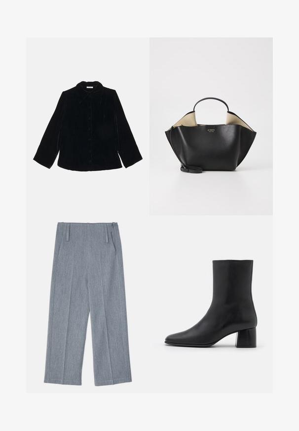 By Malene Birger RAFAIA - Winter coat - brown; By Malene Birger ROSIANNAS - Button-down blouse - black; Light gray, wide-leg trousers made of textured fabric, featuring two front pleats and two side pockets. Clean, tailored design.; Black leather ankle boot with a pointed toe and a chunky square heel. Smooth texture with a seamless design and minimalistic stitching.; Ree Projects ANN TOTE MINI - Handbag - black