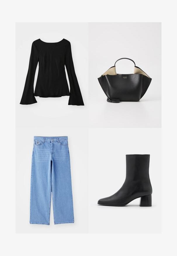 By Malene Birger RAFAIA - Zimski plašč - brown; Črna majica z dolgimi rokavi in krožnim izrezom. Ima široke rokave in nekoliko ohlapen kroj. Narejena je iz gladkega, raztegljivega materiala.; Svetlo modri široki kavbojki iz denima, ki imajo klasičen pet-pocket dizajn in zaponko na gumb. Gladka tekstura, strgani rob.; Črne usnjene gležnjarje s koničastim nosom in masivnim kvadratnim peto. Gladka tekstura z brezšivnim dizajnom in minimalnim šivanjem.; Ree Projects ANN TOTE MINI - Torbica - black; Srebrne biserne uhane z ukrivljeno, fižolasto obliko. Gladka, sijoča površina ter pritrjena z zatičem in zaklepanjem zadaj.