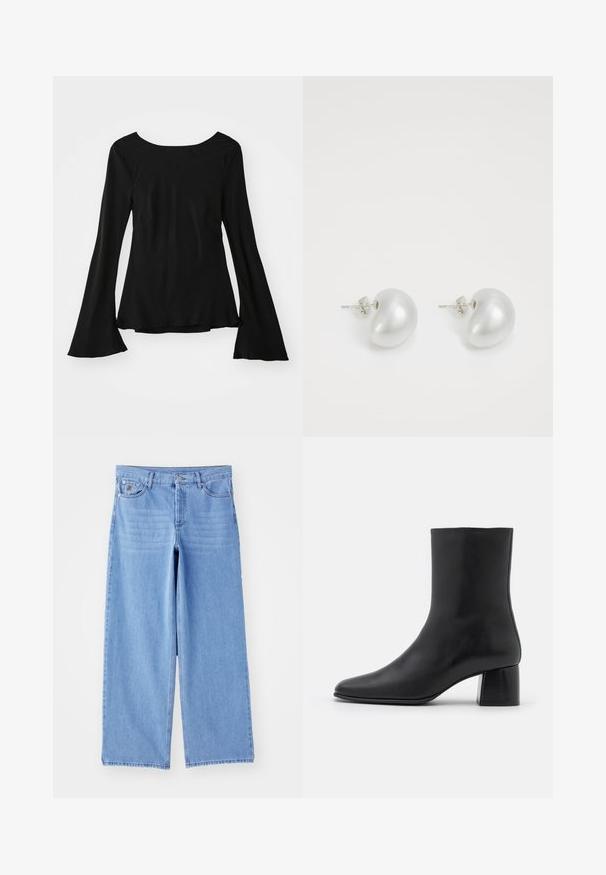 By Malene Birger RAFAIA - Vinterfrakke - brown; Sort langærmet top med scoop halsudskæring. Har flagrende ærmer og en lidt løs pasform. Fremstillet af et glat, strækbart materiale.; Lys blå brede ben jeans lavet af denim, med et klassisk fem-lomme design og en knaplukning. Glat tekstur, slidte kanter.; Sorte læder ankelstøvler med spids tå og en kraftig firkantet hæl. Glat overflade med et sømløst design og minimalistisk syning.; Sølv perleøreringe med en buet, bønneform. Glat, blank overflade og sikret med en stift og bagside-lukning.