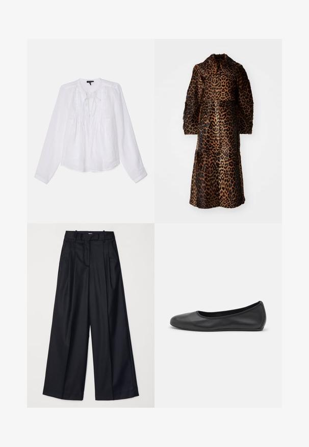 By Malene Birger RAFAIA - Zimski plašč - brown; rag & bone AMARIS - Bluza - white; Črne široke hlače iz gladkega blaga, z visokim pasom, naborki in prirejenim dizajnom. Preprosta črna strojna oprema na pasu.; Črne usnjene balerinke z zaobljenim nosom, gladko teksturo, minimalnimi šivi in fleksibilno zasnovo podplata.