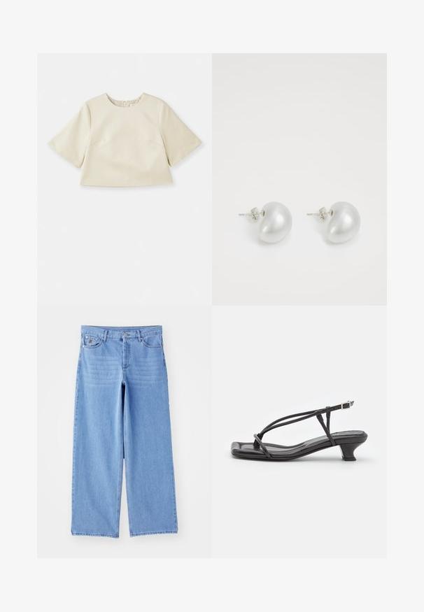 By Malene Birger RAFAIA - Wintermantel - brown; Cremfarbener Cropped-Top aus glattem Material, mit kurzen Ärmeln, rundem Ausschnitt und dezentem Nahtdesign.; Hellblaue weit geschnittene Jeans aus Denim, mit einem klassischen Fünf-Taschen-Design und einem Knopfverschluss. Glatte Textur, ausgefranster Saum.; Schwarze Leder-Sandale mit dünnen Riemen, niedrigem Blockabsatz und quadratischer Spitze. Sie verfügt über einen Schnallenverschluss und eine glatte Textur.; Silberne Perlenohrringe in geschwungener Bohnenform. Glatte, glänzende Oberfläche und mit einem Stecker- und Rückverschluss gesichert.