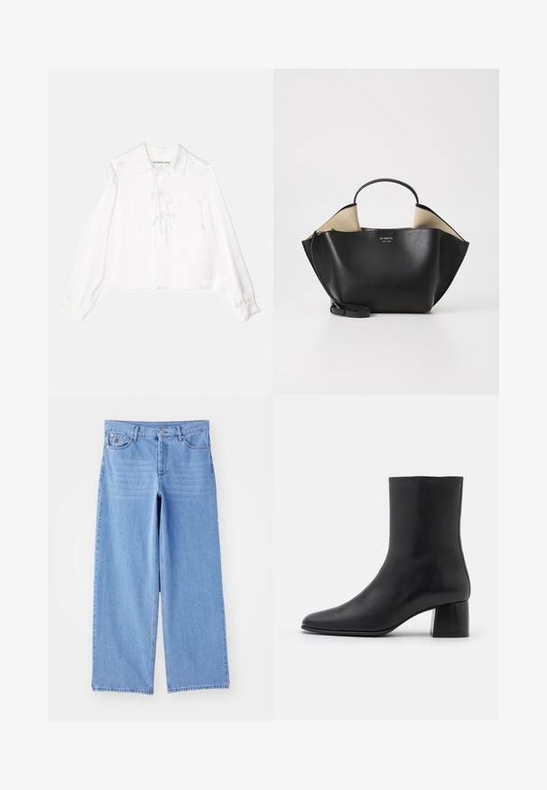 By Malene Birger RAFAIA - Abrigo de invierno - brown; Blusa blanca de manga larga con cuello, que presenta un detalle central de cordones, fabricada en un tejido suave. Los puños son elásticos.; Jeans de pierna ancha de color azul claro, confeccionados en denim, con un diseño clásico de cinco bolsillos y cierre de botón. Textura suave, dobladillo deshilachado.; Botín negro de cuero hasta el tobillo con punta afilada y un tacón cuadrado y grueso. Textura suave con un diseño sin costuras y un estilo minimalista en las costuras.; Ree Projects ANN TOTE MINI - Bolso de mano - black