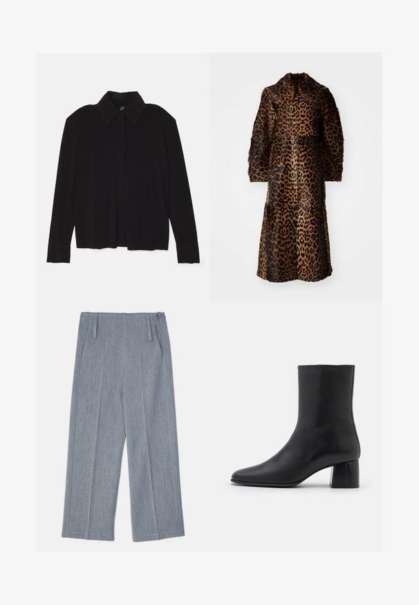 By Malene Birger RAFAIA - Manteau d'hiver - brown; Norma Kamali SHOULDER PADS - Chemisier - black; Pantalons larges gris clair en tissu texturé, avec deux plis avant et deux poches latérales. Design épuré et ajusté.; Bottine en cuir noir avec un bout pointu et un talon carré épais. Texture lisse avec un design sans coutures et descoutures minimalistes.