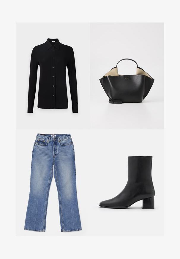 By Malene Birger RAFAIA - Cappotto invernale - brown; Maglietta nera a maniche lunghe realizzata in tessuto liscia, con colletto puntuto, chiusura frontale con bottoni e maniche con polsini coordinati con bottoni.; RE/DONE LOOSE - Jeans bootcut - hacienda; Stivali ankle in pelle nera con punta affusolata e tacco quadrato grosso. Texture liscia con un design senza cuciture e cuciture minimaliste.; Ree Projects ANN TOTE MINI - Borsa a mano - black; Orecchini in perla argentata con forma curva a fagiolo. Superficie liscia e lucida, fissati con chiusura a perno e retro.