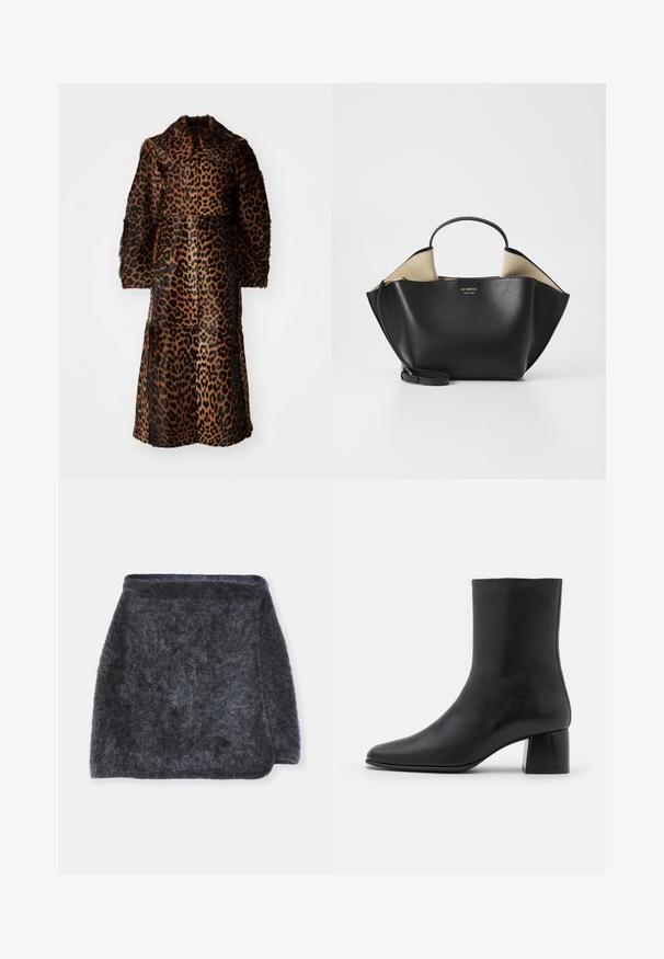 By Malene Birger RAFAIA - Manteau d'hiver - brown; Haut noir à manches longues en tissu doux, avec un col rond et une coupe décontractée, doté de fentes sur les côtés à l'ourlet pour faciliter les mouvements.; Jupe en maille foncée et floue avec une texture douce, au design légèrement évasé et à l'ourlet incurvé. Le tissu semble chaud et confortable.; Bottine en cuir noir avec un bout pointu et un talon carré épais. Texture lisse avec un design sans coutures et descoutures minimalistes.; Ree Projects ANN TOTE MINI - Sac à main - black