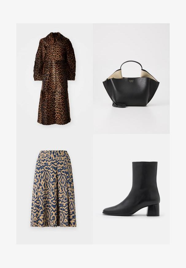 By Malene Birger RAFAIA - Wintermantel - brown; Zwarte lange mouw top van zachte stof, met een ronde halslijn en een ontspannen pasvorm met zijsplitten aan de onderkant voor gemak in beweging.; Een knie-lange rok met een geometrisch patroon in marineblauw en beige, met plooien en een soepele textuur.; Zwarte leren enkelboot met een spitse neus en een chunky vierkante hak. Glad oppervlak met een naadloos ontwerp en minimalistische stiksels.; Ree Projects ANN TOTE MINI - Handtas - black