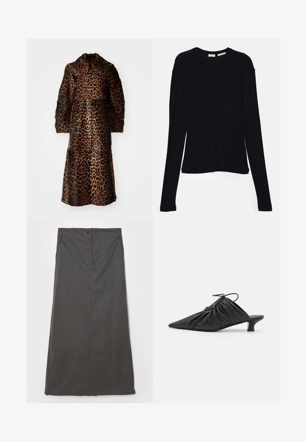 By Malene Birger RAFAIA - Manteau d'hiver - brown; Haut noir à manches longues en tissu doux, avec un col rond et une coupe décontractée, doté de fentes sur les côtés à l'ourlet pour faciliter les mouvements.; Jupe grise fabriquée à partir d'un matériau léger, présentant un design droit, des poches avant, une fermeture à un bouton et des détails de couture subtils.; Mules noirs en cuir à enfiler avec un bout pointu, une texture froncée et un petit talon aiguille. Présente un détail à cordon au niveau de l'ouverture.