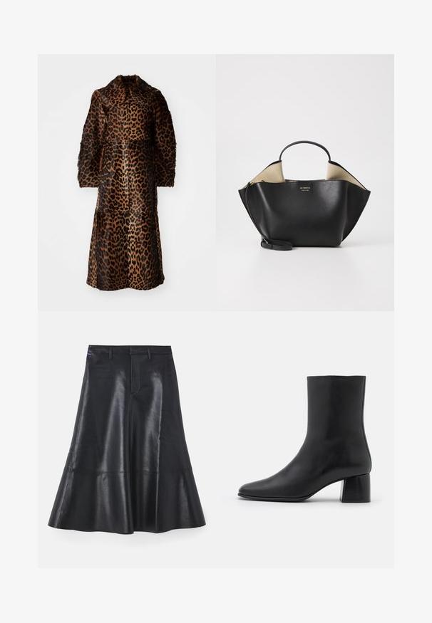 By Malene Birger RAFAIA - Zimný kabát - brown; Čierny dlhý rukáv top vyrobený z mäkkej tkaniny, s okrúhlym výstrihom a voľným strihom s bočnými rozparokmi na leme pre pohodlný pohyb.; Čierna kožená sukňa s rozšíreným strihom, strednej dĺžky, s hladkou textúrou a diskrétnymi stehovými detailmi pozdĺž spodného okraja.; Čierna kožená členková čižma s špicatou špičkou a masívnym štvorcovým podpätkom. Hladká textura s bezšvovým dizajnom a minimalistickým prešívaním.; Ree Projects ANN TOTE MINI - Kabelka - black