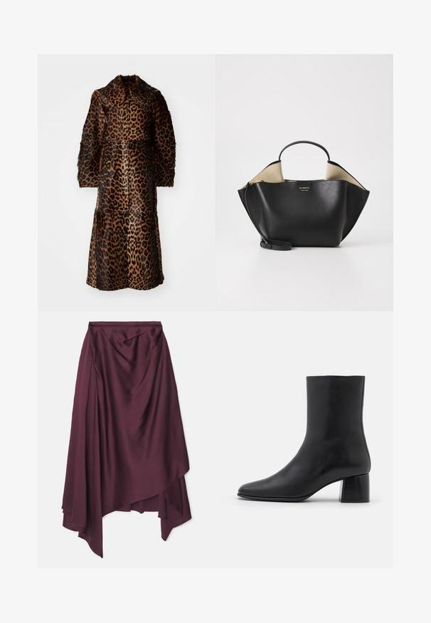 By Malene Birger RAFAIA - Talvemantel - brown; Must mustärg pikkade varrukatega topp, mis on valmistatud pehmest kangast. Topil on ümar kaelus ja lõdvem lõige, mille ääres on külgedel lõiked, et liikuda mugavalt.; Burgundia, satiinist mähkimiseks seelik, millel on asümmeetriline ääre, pehmed voltimisdetailid ja sile tekstuur. Pole nähtavaid kinnitusi ega mustreid.; Must musta ankle boot terava nina ja turske ruudukujulise kontsaga. Sile tekstuur, sujuv disain ja minimaalne õmblus.; Ree Projects ANN TOTE MINI - Käekott - black