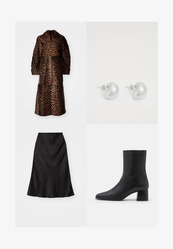 By Malene Birger RAFAIA - Wintermantel - brown; Schwarzes Langarmoberteil aus weichem Stoff, mit rundem Ausschnitt und lässiger Passform, seitlichen Schlitzen am Saum für mehr Bewegungsfreiheit.; Schwarzer Satin-Rock im Slip-Stil mit glatter Textur, ausgestellter Form und elastischem Bund. Minimalistisches Design, keine zusätzlichen Muster oder Akzente.; Schwarze Leder-Ankle-Boots mit spitzer Zehenpartie und einem klobigen, quadratischen Absatz. Glatte Textur mit nahtlosem Design und minimalistischem Nähen.; Silberne Perlenohrringe in geschwungener Bohnenform. Glatte, glänzende Oberfläche und mit einem Stecker- und Rückverschluss gesichert.