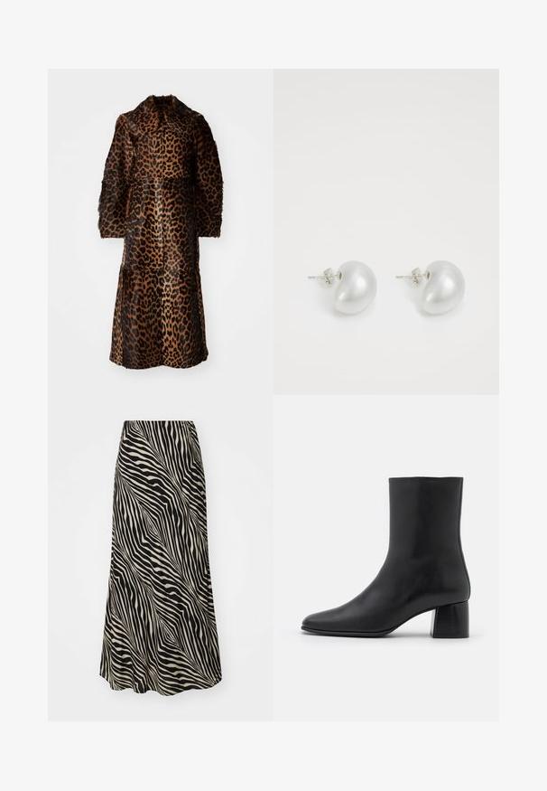 By Malene Birger RAFAIA - Talvitakki - brown; Mustat pitkät hiharatoppi, joka on valmistettu pehmeästä kankaasta. Topissa on pyöreä pääntie ja rento istuvuus, jossa on sivuhalkiot helman kohdalla liikkumisen helpottamiseksi.; Hame midi yang terbuat dari kain halus dengan pola garis bergelombang hitam dan beige, melebar lembut dari pinggang hingga ujung.; Mustat nahkasaappaat nilkkakorkeudella, joissa on terävä kärki ja tukeva neliön muotoinen korko. Sileä pinta, saumaton muotoilu ja minimalistinen ommel.; Hopeakiharat korvakorut, joissa on kaareva, pavun muotoinen muoto. Pehmeä, kiiltävä pinta, ja kiinnitysvarusteena on nuppi ja tausta.