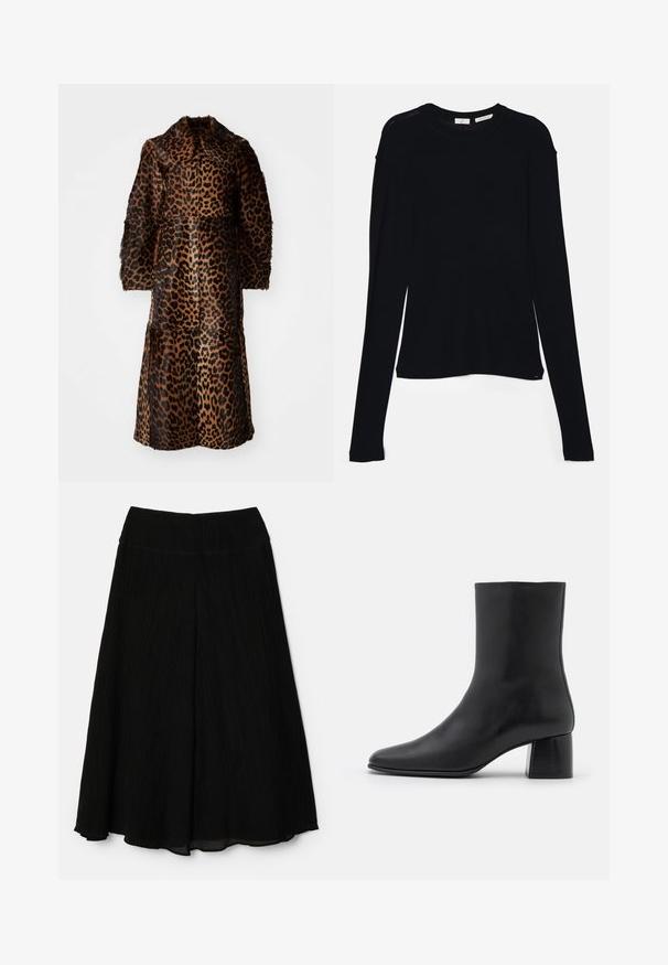 By Malene Birger RAFAIA - Téli kabát - brown; Fekete, hosszú ujjú felső, puha szövetből készült, kerek nyakkivágással és laza szabással, az alján oldalhasítékokkal a mozgás könnyítése érdekében.; Fekete pliszírozott midi szoknya. Puha, könnyű anyag; széles derékpánt. A szoknya alja a térd alatt végződik, lágy sziluettel.; Fekete bőr bokacsizma hegyes orral és vastag, négyzet alakú sarokkal. Simább felület, mondanivaló nélküli dizájn és minimalista varrás.