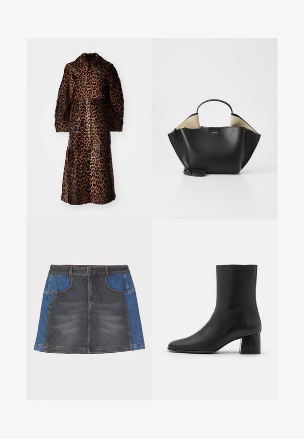 By Malene Birger RAFAIA - Zimski kaput - brown; Crna majica dugih rukava od mekog materijala, sa okruglim izrezom i ležernim krojem s bočnim prorezima na rubu za lakše kretanje.; Traper suknja s tamnosivim prednjim dijelom i svijetloplavim bočnim panelima, s redovitim pojasom, dva prednja džepa i kontrastnim šavovima.; Crne kožne gležnjače s šiljastim vrhom i širokim kvadratnim potpeticom. Glatka tekstura s bešavnim dizajnom i minimalističkim šavovima.; Ree Projects ANN TOTE MINI - Ručna torba - black