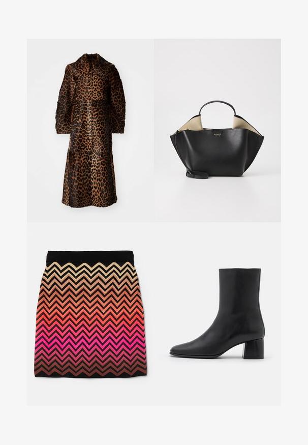 By Malene Birger RAFAIA - Žieminis paltas - brown; Juodas ilgų rankovių marškinėlis, pagamintas iš minkštos medžiagos, su apykakle ir laisvu siluetu, su šoninėmis sklendėmis apačioje, kad būtų lengviau judėti.; Megztas sijonas su zigzago raštu, pereinančiu nuo šviesiai rudos iki rožinės spalvos, su juodu juosmeniu ir tekstūruota medžiaga.; Juodas odinis kulkšninis botas su smailiu pirštu ir masyviu kvadratiniu kulnu. Lygus paviršius be siūlių ir minimalizmu išsiskiriantis dizainas.; Ree Projects ANN TOTE MINI - Rankinė - black