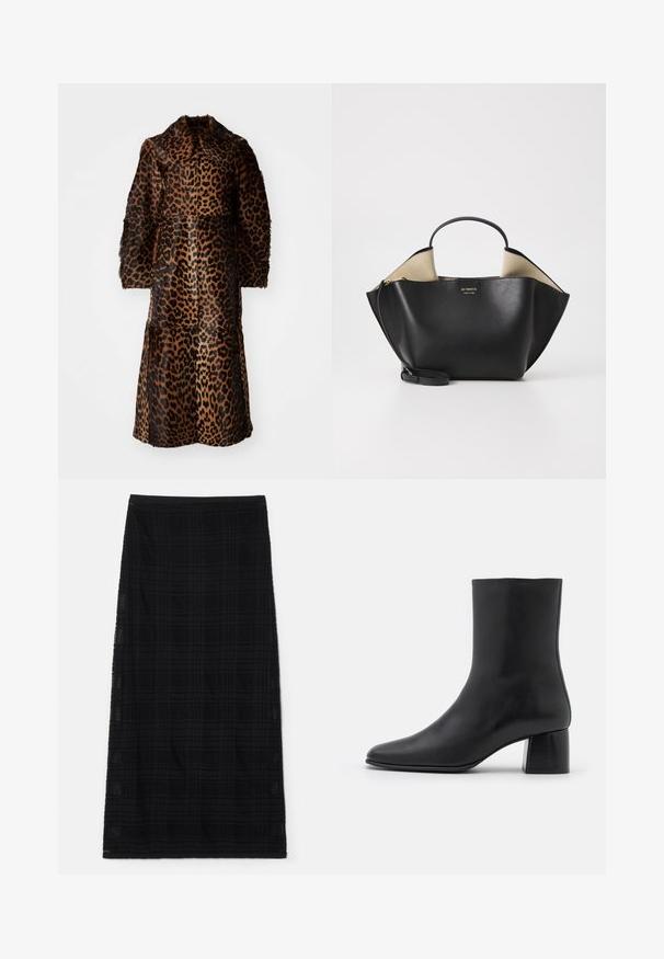 By Malene Birger RAFAIA - Žieminis paltas - brown; Juodas ilgų rankovių marškinėlis, pagamintas iš minkštos medžiagos, su apykakle ir laisvu siluetu, su šoninėmis sklendėmis apačioje, kad būtų lengviau judėti.; Juoda kelio ilgio sijonas, turintis subtilią plaid tekstūrą, su prigludusia juosmens linija ir tiesia siluetu. Pagamintas iš lengvos medžiagos.; Juodas odinis kulkšninis botas su smailiu pirštu ir masyviu kvadratiniu kulnu. Lygus paviršius be siūlių ir minimalizmu išsiskiriantis dizainas.; Ree Projects ANN TOTE MINI - Rankinė - black