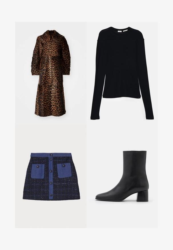 By Malene Birger RAFAIA - Zimný kabát - brown; Čierny dlhý rukáv top vyrobený z mäkkej tkaniny, s okrúhlym výstrihom a voľným strihom s bočnými rozparokmi na leme pre pohodlný pohyb.; Mini sukňa z tweedu so vzorom mriežky, tmavomodrej farby, dvoma prednými vreckami a gombíkovým zapínaním. Textúrovaná tkanina s denimovými akcentmi.; Čierna kožená členková čižma s špicatou špičkou a masívnym štvorcovým podpätkom. Hladká textura s bezšvovým dizajnom a minimalistickým prešívaním.