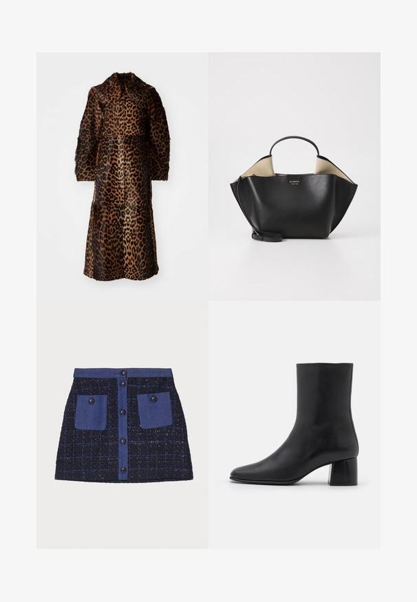 By Malene Birger RAFAIA - Vinterkappa /-rock - brown; Svart långärmad topp i mjukt tyg, med rund halsringning och avslappnad passform samt sidoventiler vid nederkant för ökad rörlighet.; Tweed mini kjol med rutig mönster, mörkblå färg, två framfickor och knappstängning framtill. Texturerat tyg med denimdetaljer.; Svart läderankelstövel med spetsig tå och chunkig fyrkantig klack. Slät textur med sömlös design och minimalistisk sömnad.; Ree Projects ANN TOTE MINI - Handväska - black