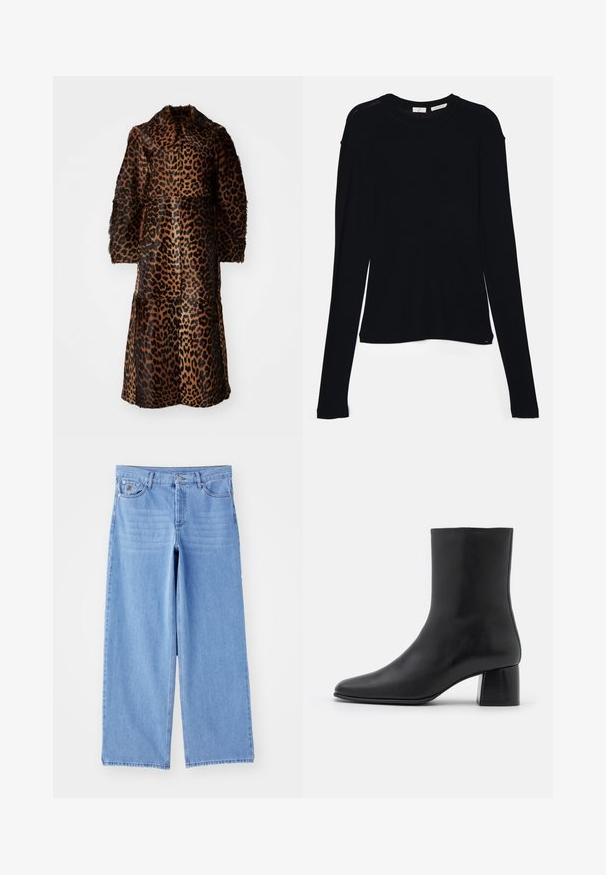 By Malene Birger RAFAIA - Winter coat - brown; Black long-sleeve top made of soft fabric, featuring a round neckline and a relaxed fit with side slits at the hem for ease of movement.; Light blue wide-leg jeans made of denim, featuring a classic five-pocket design and a button-fly closure. Smooth texture, frayed hem.; Black leather ankle boot with a pointed toe and a chunky square heel. Smooth texture with a seamless design and minimalistic stitching.