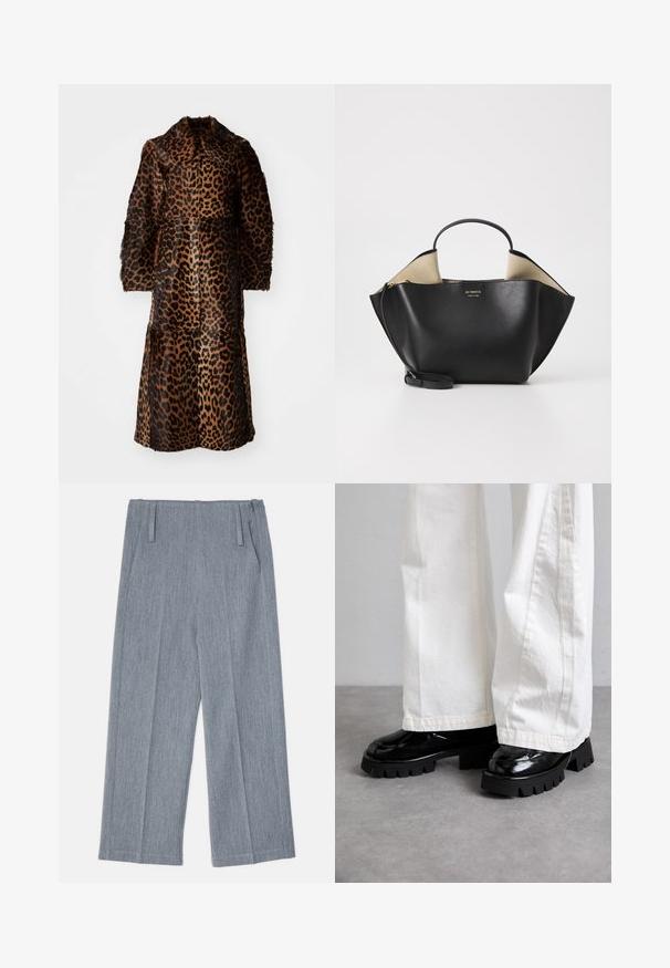 By Malene Birger RAFAIA - Winter coat - brown; Black long-sleeve top made of soft fabric, featuring a round neckline and a relaxed fit with side slits at the hem for ease of movement.; Light gray, wide-leg trousers made of textured fabric, featuring two front pleats and two side pockets. Clean, tailored design.; Black chunky-soled shoes with a glossy finish, paired with white wide-leg pants. Notable thick tread and smooth texture on shoes.; Ree Projects ANN TOTE MINI - Handbag - black