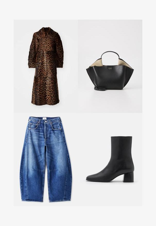 By Malene Birger RAFAIA - Talvitakki - brown; Mustat pitkät hiharatoppi, joka on valmistettu pehmeästä kankaasta. Topissa on pyöreä pääntie ja rento istuvuus, jossa on sivuhalkiot helman kohdalla liikkumisen helpottamiseksi.; Vaaleansiniset leveälahkeiset farkut, joissa on haalistunut viimeistely, viisi taskua, kuparikohot ja vetoketjukiinnitys. Kangas on teksturoitu ja tukeva.; Mustat nahkasaappaat nilkkakorkeudella, joissa on terävä kärki ja tukeva neliön muotoinen korko. Sileä pinta, saumaton muotoilu ja minimalistinen ommel.; Ree Projects ANN TOTE MINI - Käsilaukku - black