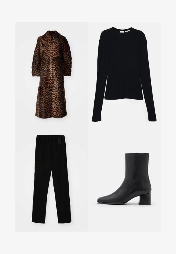 By Malene Birger RAFAIA - Wintermantel - brown; Schwarzes Langarmoberteil aus weichem Stoff, mit rundem Ausschnitt und lässiger Passform, seitlichen Schlitzen am Saum für mehr Bewegungsfreiheit.; Schwarze plissierte Hose aus leichtem Stoff, mit einem elastischen Bund und geradem Beinschnitt. Glatte Textur, ohne sichtbare Muster.; Schwarze Leder-Ankle-Boots mit spitzer Zehenpartie und einem klobigen, quadratischen Absatz. Glatte Textur mit nahtlosem Design und minimalistischem Nähen.