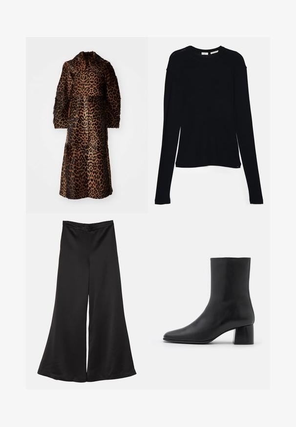 By Malene Birger RAFAIA - Geacă - brown; Top negru cu mânecă lungă, realizat dintr-un material moale, având un gât rotund și o croială relaxată, cu deschideri laterale la tiv pentru un confort sporit în mișcare.; By Malene Birger LUCEE - Pantaloni - black; Botine negre din piele, cu vârf ascuțit și toc pătrat masiv. Textură netedă, cu un design fără cusături și cusături minimaliste.